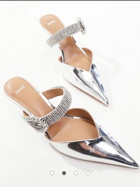 NEW WITH TAGS Mango Silver Pointed Toe Rhinestone Strap Mules, Size 6.5